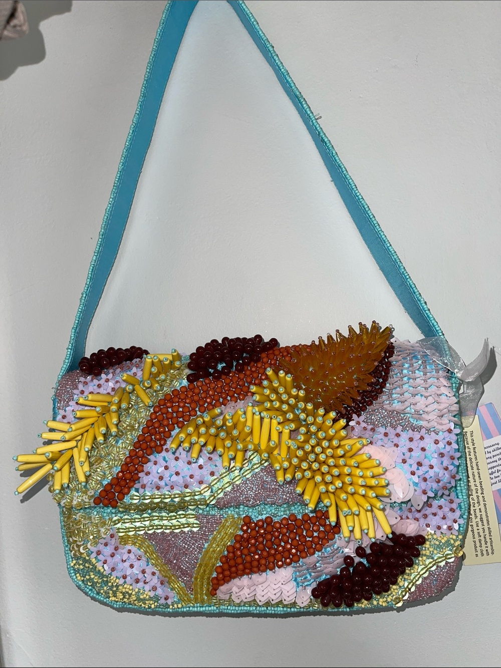 NEW Beaded Floral Embellished Shoulder Bag in Turquoise and Yellow